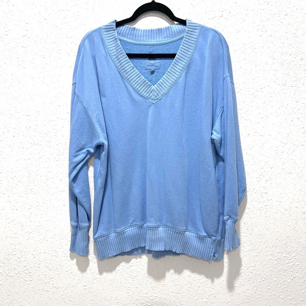 Aerie Sky cotton relaxed Blue V- neck Textured Sweater‎ XS